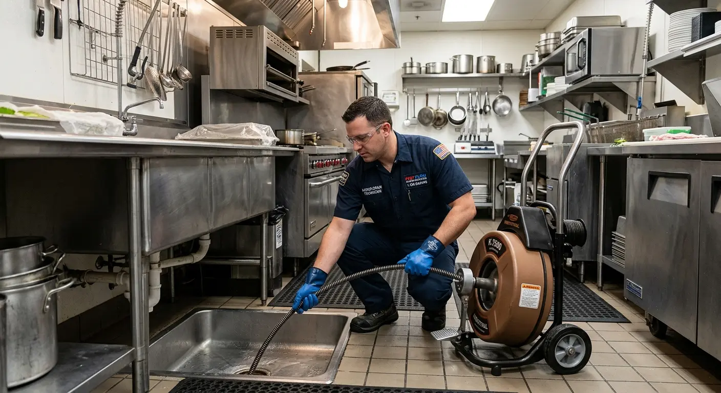 Commercial drain cleaning service in a restaurant kitchen in Berkley