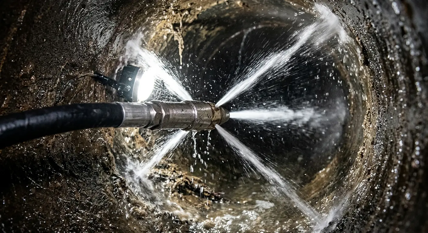 High-pressure hydro jetting nozzle cleaning sewer pipe for Sewer Cleanout in Berkley